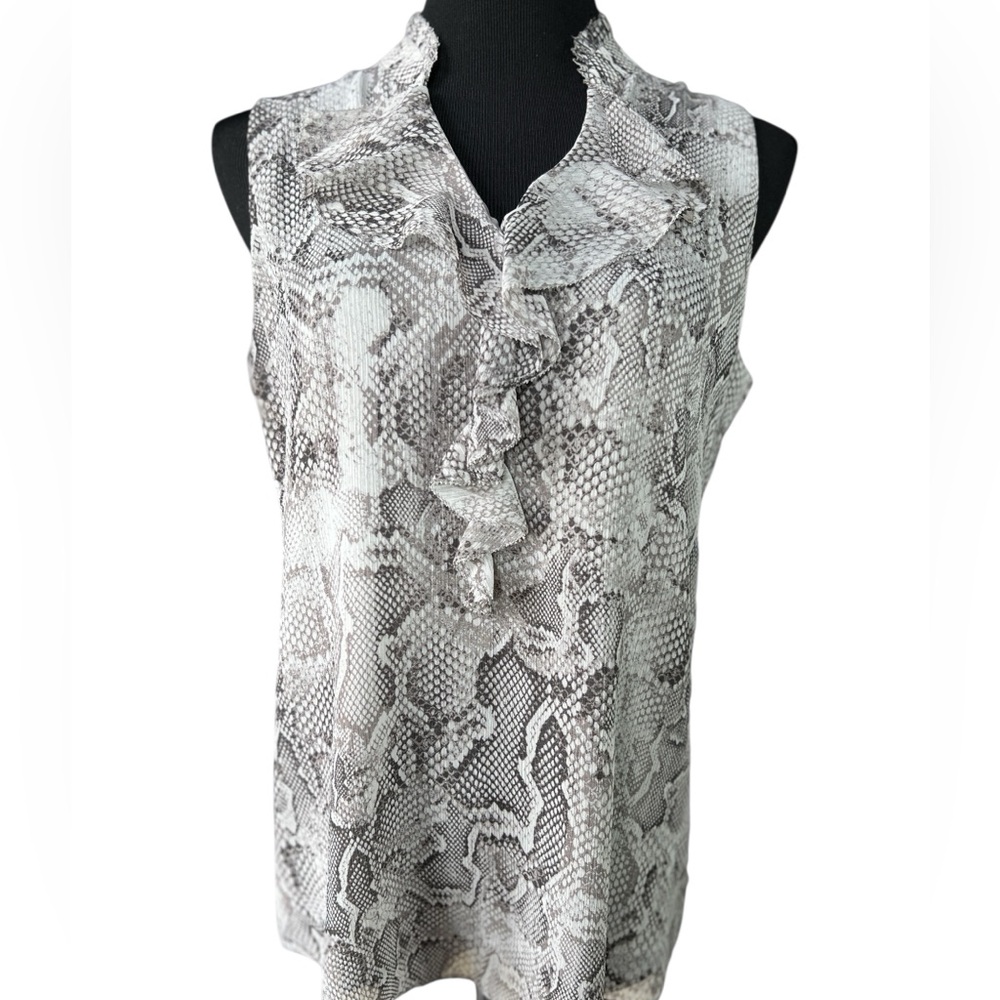 White House Black Market Gray Snake Print Sleeveless Ruffle Neck Tank Size 6 - Picture 2 of 4
